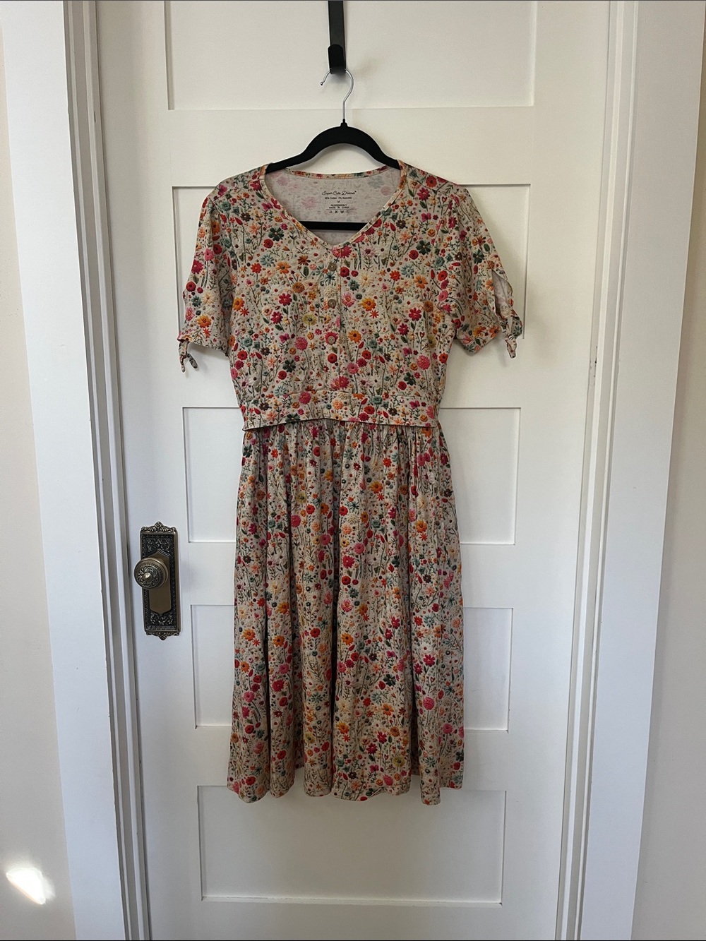 Beige Floral Midi Dress with Multicolor Print - Super Cute Dresses SCD